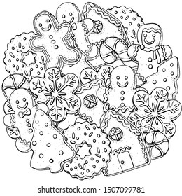 Christmas gingerbread cookies, holiday baking. Circle pattern with winter hand-drawn decorative elements in vector.  Coloring book page for adults. Black and white.