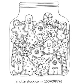 Christmas gingerbread cookies, holiday baking in a glass jar. Winter pattern with hand-drawn decorative elements in vector.  Coloring book page for adults. Black and white.