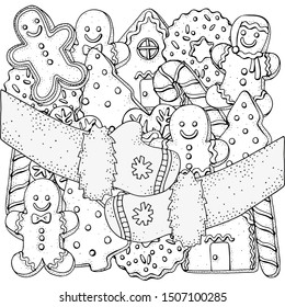 Christmas gingerbread cookies, holiday baking. Winter pattern with Christmas hand-drawn decorative elements in vector.  Coloring book page for adults. Black and white.