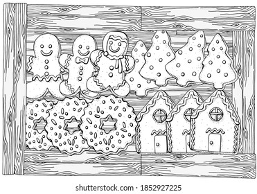 Christmas gingerbread cookies, holiday baking. Pattern with winter hand-drawn decorative elements in vector.  Coloring book page for adults. Black and white.