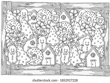 Christmas gingerbread cookies, holiday baking. Pattern with winter hand-drawn decorative elements in vector.  Coloring book page for adults. Black and white.