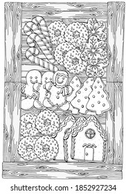 Christmas gingerbread cookies, holiday baking. Pattern with winter hand-drawn decorative elements in vector.  Coloring book page for adults. Black and white.