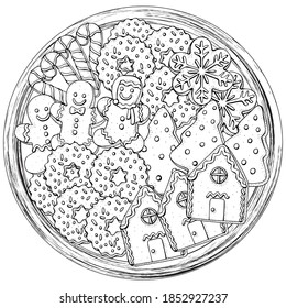 Christmas Gingerbread Cookies, Holiday Baking. Circle Pattern With Winter Hand-drawn Decorative Elements In Vector.  Coloring Book Page For Adults. Black And White.