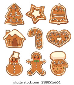 Christmas gingerbread cookies. Homemade baking. Hand drawn style. Vector drawing. Collection of design elements.