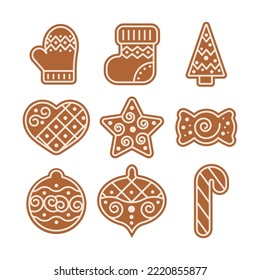 Christmas gingerbread cookies with icicng collection. Xmas ginger bread cookies with sugar decoration sock, tree, heart star shapes vector set. Winter holiday candy food flat design illustration.