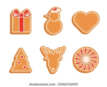 Christmas Gingerbread Cookies with Icing. Set of Homemade Cookies of Different Shapes. Traditional Symbols of Christmas. Snowman, Gift Box, Deer, Christmas Tree, Lollipop. Vector Illustration Isolated