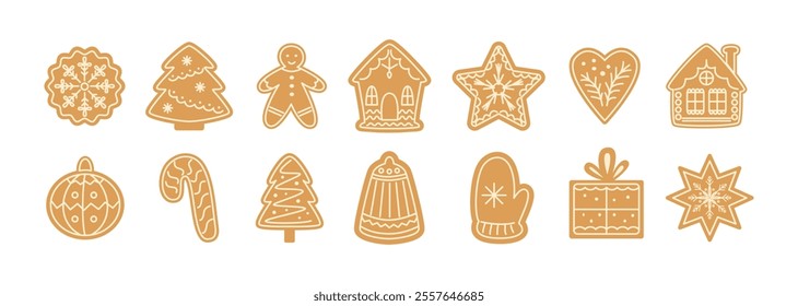 Christmas gingerbread cookies. Icons, doodle. Traditional xmas biscuits. Gingerbread man, houses. Homemade sweets for winter festive holidays. Children's treat. Vector illustrations isolated on white.