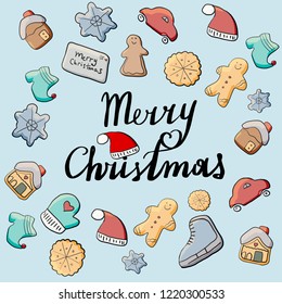 Christmas gingerbread, cookies. The inscription Merry Christmas, calligraphy, lettering. 
