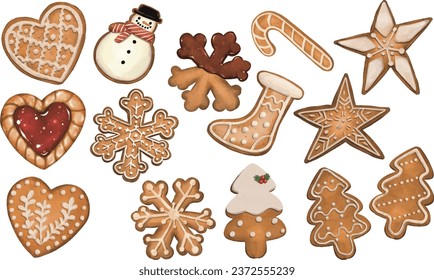 Christmas gingerbread cookies. A isolate large set of Christmas gingerbread: candy cane , stars, gingerbread man, snowflakes, sock, tree, heart. Digital illustration of dessert for merry x'mas.