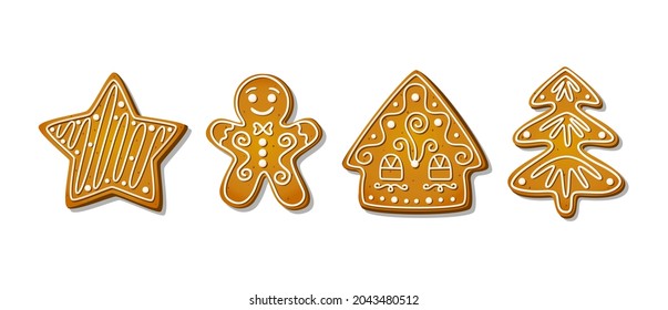 Christmas gingerbread cookies isolated on white background. Winter festive sweets in shape of house and gingerbread man, tree and star. Cartoon Vector illustration 