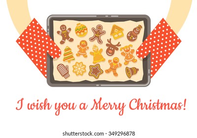 Christmas gingerbread cookies, just baked and got out of the oven. Vector background. Housewife holding in hands a tray with baking paper and different figures of homemade cakes. Flat illustration