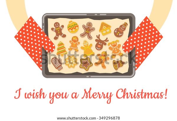 Christmas gingerbread cookies, just baked\
and got out of the oven. Vector background. Housewife holding in\
hands a tray with baking paper and different figures of homemade\
cakes. Flat\
illustration