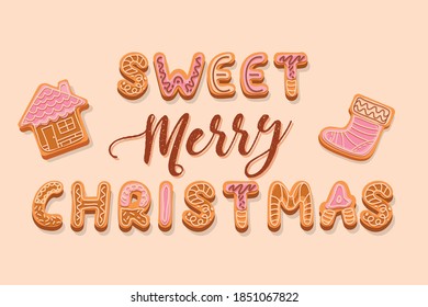 Christmas gingerbread cookies lettering, decorated with cream and glaze vector letters. Sweet Merry Christmas greeting slogan