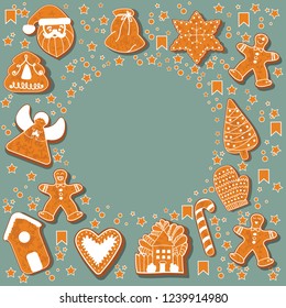 Christmas gingerbread cookies making a rectangular frame. Vector illustration.Happy winter holidays poster. New year. Christmas holiday banner