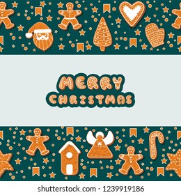 Christmas gingerbread cookies making a rectangular frame. Vector illustration.Happy winter holidays poster. New year. Christmas holiday banner