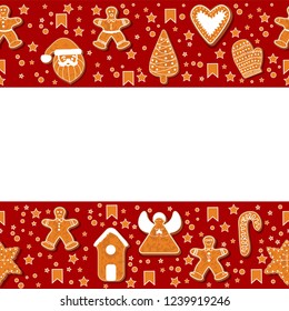 Christmas gingerbread cookies making a rectangular frame. Vector illustration.Happy winter holidays poster. New year. Christmas holiday banner