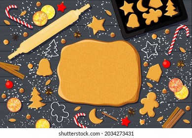 Galletas de jengibre navideñas que hacen masa vectorial, cortadoras, especias, nueces, hojas para hornear.