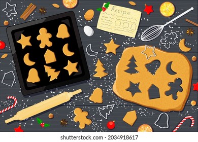 Christmas gingerbread cookies making vector illustration dough, cutters, spices, nuts, baking sheet, recipe.