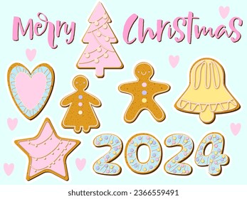 christmas gingerbread cookies Merry Christmas bell tree human heart tasty baked stickers set 2024 new year