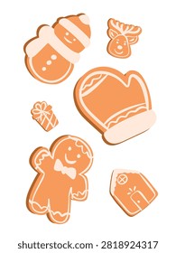 Christmas gingerbread cookies mini element set vector illustration featuring gingerbread man, house, reindeer, snowman, mitten, and gift box with white icing decoration. Flat minimalist holiday icon collection isolated on white background for greeting card, sticker sheet, and packaging.