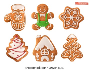Christmas gingerbread cookies. Mitten, man, snowflake, tree, house. 3d realistic vector icon set