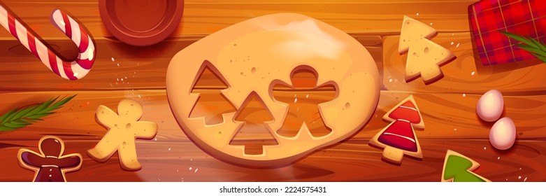 Christmas gingerbread cookies on kitchen table top view. Homemade bakery preparing concept with dough, candy cane, fir-tree branches, xmas festive eve, holiday vibes, Cartoon vector illustration