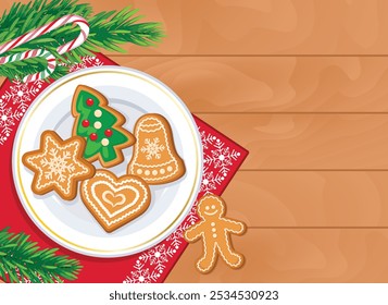 Christmas gingerbread cookies on a wooden background vector illustration. Christmas gingerbread cookies on a plate top view. Festive christmas wooden table frame vector