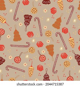 Christmas gingerbread cookies and pastries in the form of fir trees and Christmas balls striped lollipops canes and stars vector seamless pattern. Isolated sweets for the new year. Winter background 
