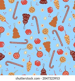 Christmas gingerbread cookies and pastries in the form of fir trees and Christmas balls striped lollipops canes and stars vector seamless pattern. Isolated sweets for the new year. Winter background 