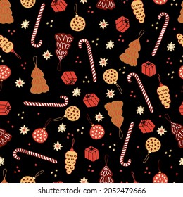 Christmas gingerbread cookies and pastries in the form of fir trees and Christmas balls striped lollipops canes and stars vector seamless pattern. Isolated sweets for the new year. Winter background 