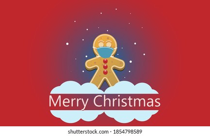 Christmas gingerbread cookies in protective medical mask on trendy red background with gradient and snowflakes. Traditional delicious Christmas pastries.