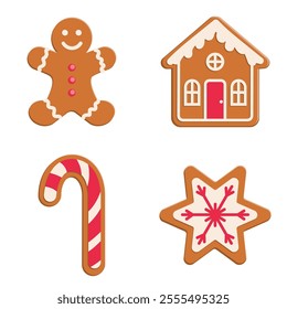 Christmas gingerbread cookies with red and white glaze illustration set. Gingerbread man, house, candy cane stick, and snow flake.