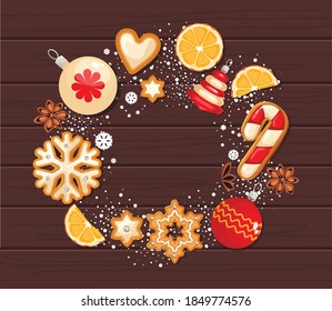 Galletas de jengibre de Navidad en forma redonda, para ser utilizadas como afiche o fondo. Decorado con nieve, copos de nieve y perlas. Ilustración del vector