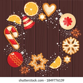 Galletas de jengibre de Navidad en forma redonda, para ser utilizadas como afiche o fondo. Decorado con nieve, copos de nieve y perlas. Ilustración del vector