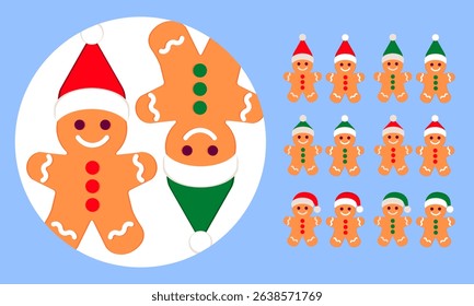 Christmas gingerbread cookies with Santa hats in vector flat design