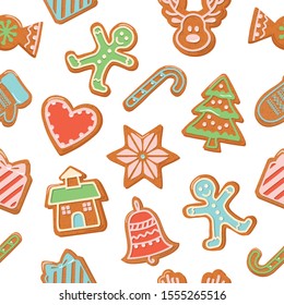 Christmas Gingerbread cookies seamless background. Traditional pattern for wrapping paper, banners, pajamas. Cute design elements isolated on white. Vector illustration