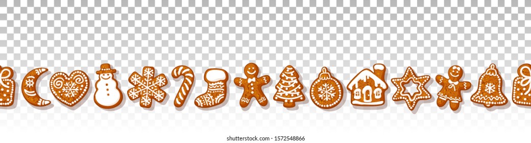 Christmas gingerbread cookies seamless border isolated on transparante background. Traditional homemade sugar coated cookies. Cartoon hand drawn vector illustration