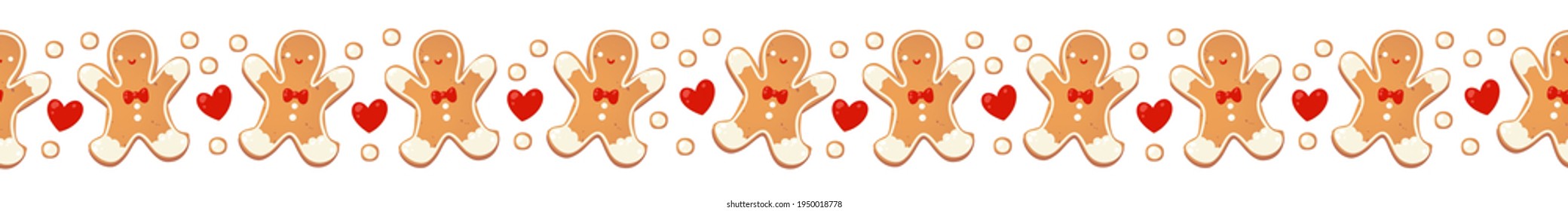Christmas gingerbread cookies seamless border isolated. New year decorative garland. Cartoon hand drawn vector illustration.