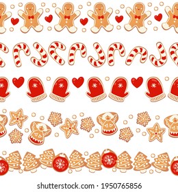 Christmas gingerbread cookies seamless borders set isolated. New year decorative garland. Cartoon hand drawn vector illustration