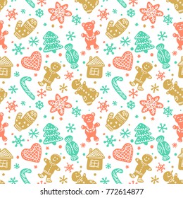 Christmas gingerbread cookies - seamless design for gift wrapping paper, as background or New Year, winter holiday pattern