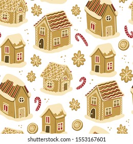 Christmas gingerbread cookies seamless endless pattern with Christmas candy cane, houses and snowflakes. Hand drawn cartoon background. 