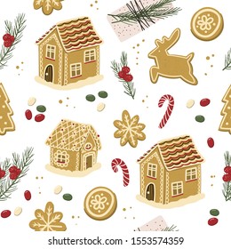 Christmas gingerbread cookies seamless endless pattern with hand drawn cartoon Christmas candy canes, houses and snowflakes and sweets