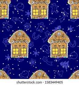 Christmas gingerbread cookies seamless, houses and snowflakes. Hand drawn cartoon background.
