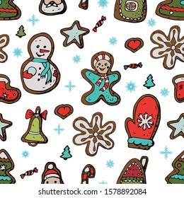 Christmas gingerbread cookies. Seamless pattern of multi-colored ginger men, Christmas trees, Santa Claus attributes, snowflakes, candies on a white background. Vector stock illustration.