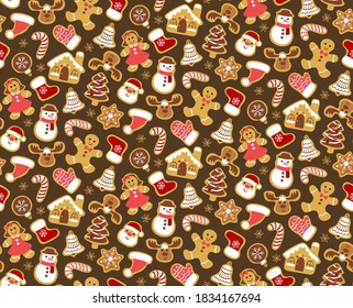 Christmas gingerbread cookies seamless pattern. Isolated cookines on dark brown background. Warm color palette. EPS 10 vector illustration.