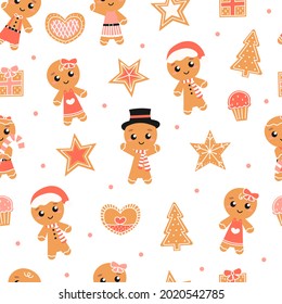 Christmas gingerbread cookies seamless pattern with hearts, trees and stars, winter holidays fabric design