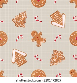 Christmas gingerbread cookies seamless pattern on a beige checkered background.