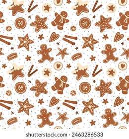 Christmas gingerbread cookies seamless pattern. Vector winter traditional cookies baking repeat background on white. Cute gingerbread man, star, cinnamon. Tasty wallpaper, textile design, wrap paper.