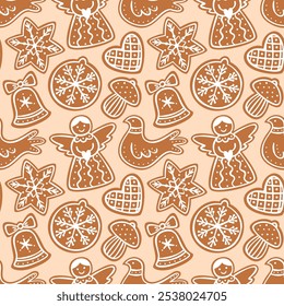 Christmas gingerbread cookies seamless pattern. Holiday traditional food background. Flat vector illustration