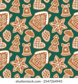 Christmas gingerbread cookies seamless pattern on green background. Holiday traditional food background. Flat vector illustration